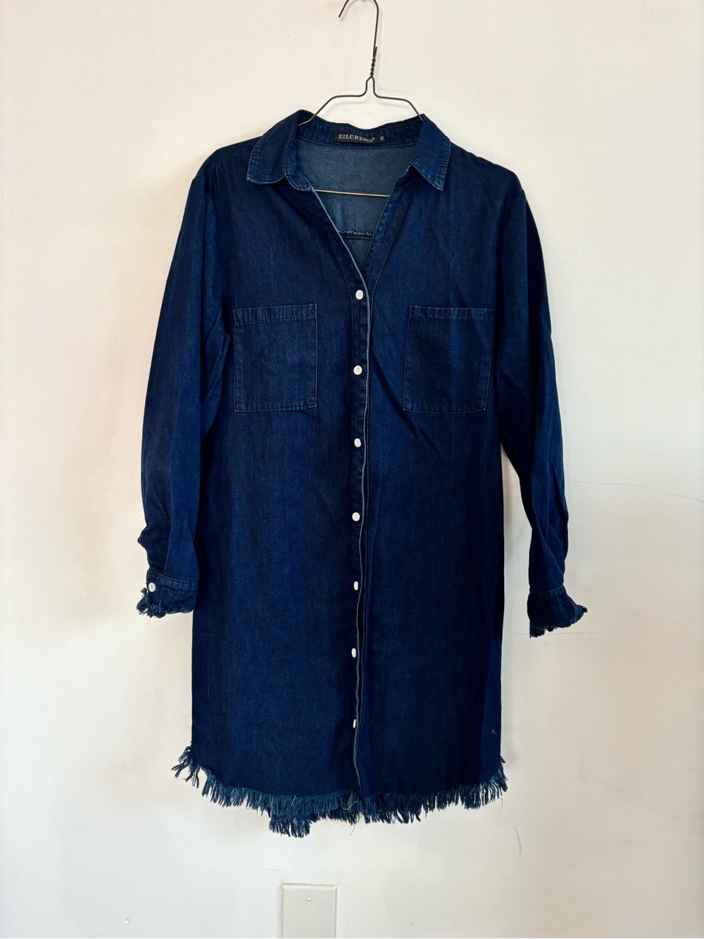 Casual Distressed Denim Shirt Dress Fraying Detail- Dark Blue- Size Medium
